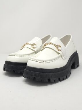 White Chunky Platform Loafers Gold Chain Lug Sole Slip On Trendy